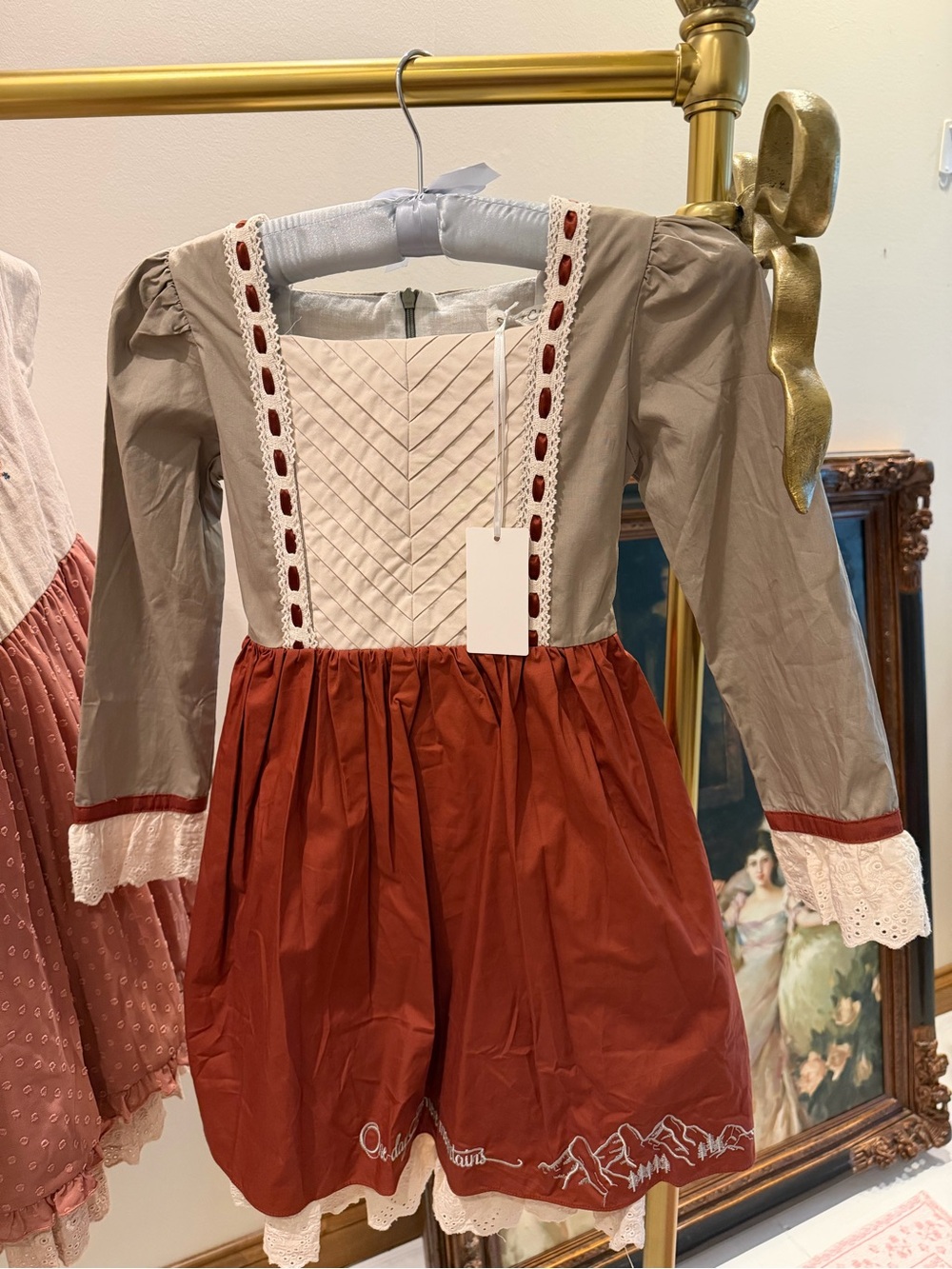 Girls' Colonial-Style Thanksgiving Dress in Rust and Beige